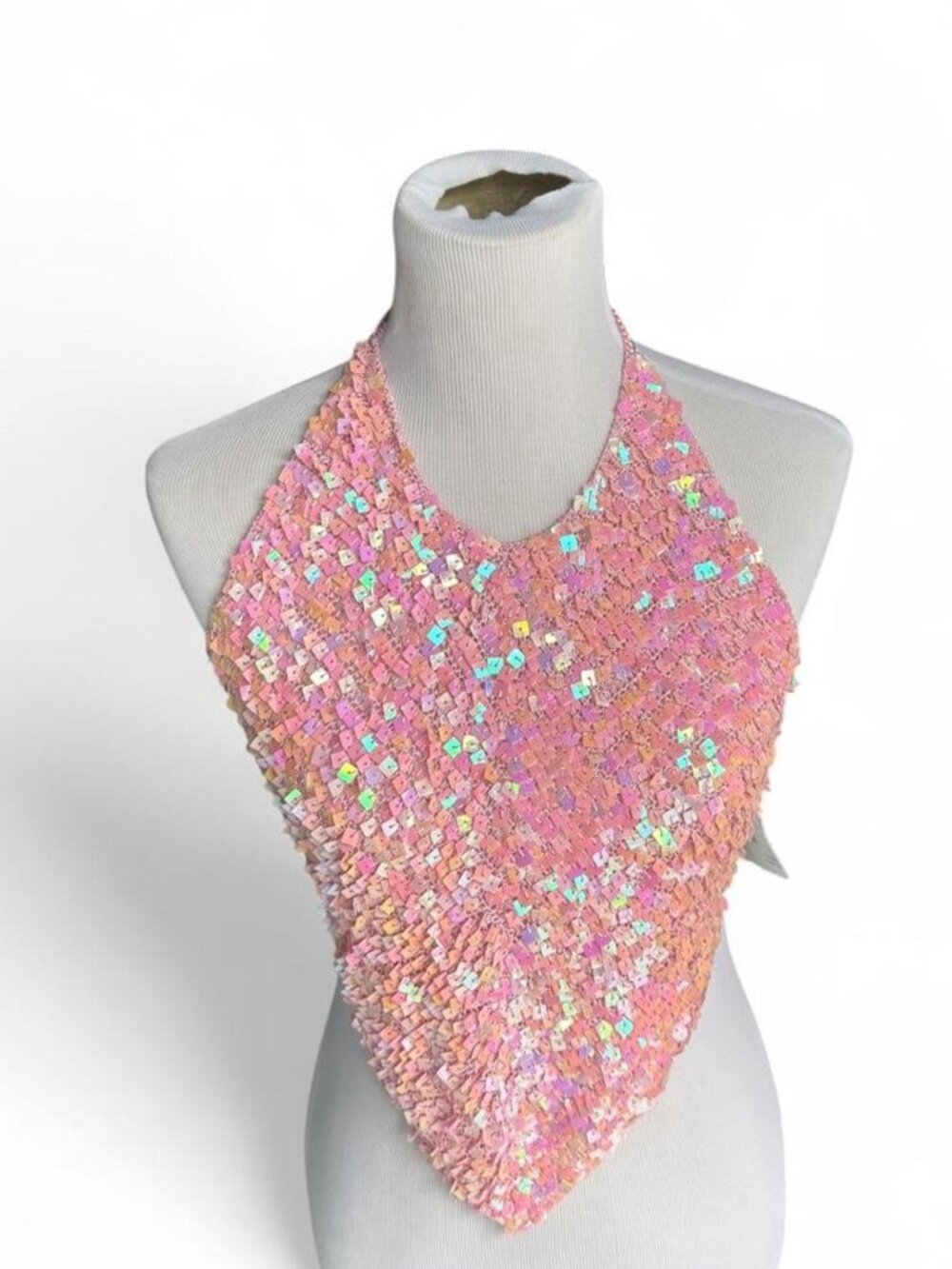 New Look vintage light pink iridescent sequin crochet halter top